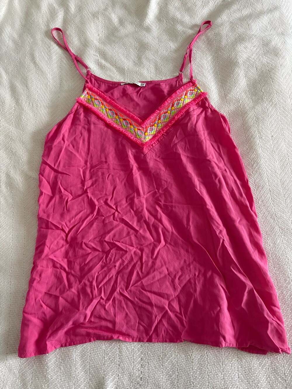 Staccato Pink V-Neck Camisole Tank Top with Multi-Color Embroidered Trim